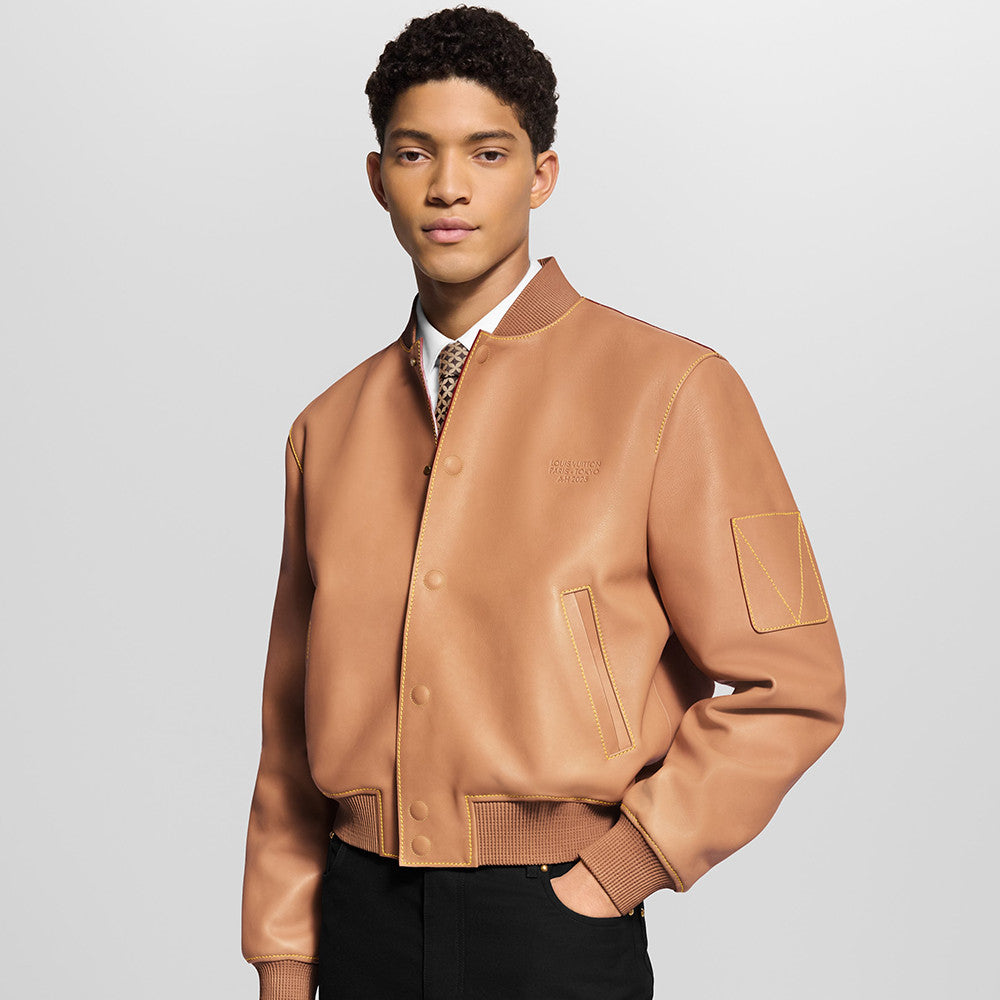 Louis Vuitton Natural Leather Baseball Jacket Stand Collar Loose Casual Long Sleeve Jacket #332626