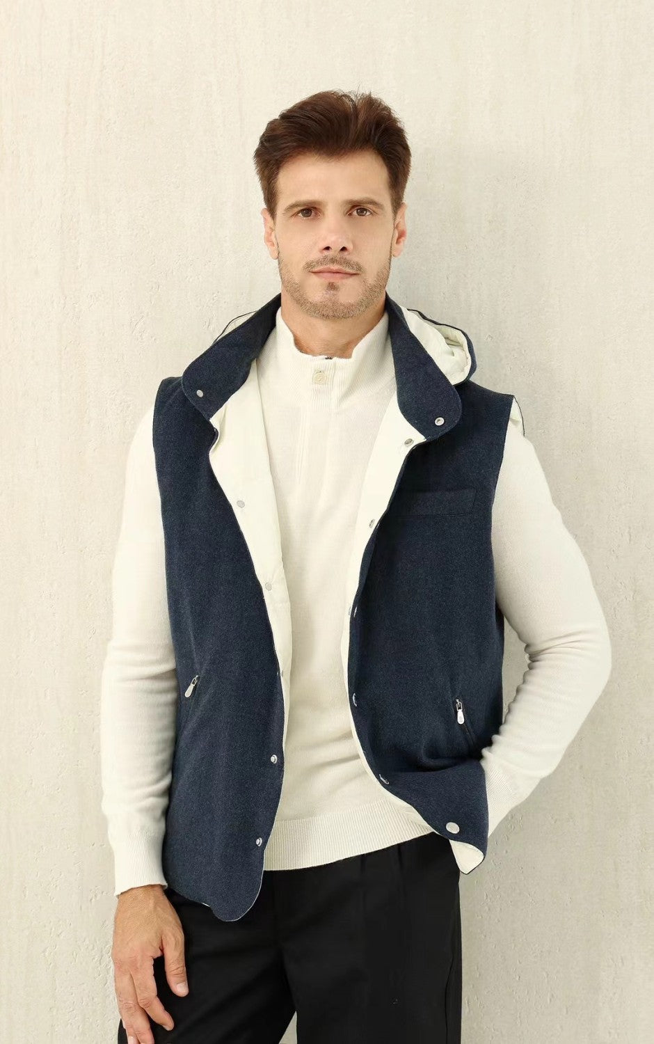 Brunello Cucinelli Men's Spring/Autumn Detachable Hooded Solid Color Single-Breasted Bonded Wool Flannel Down Vest Ngvp #2293