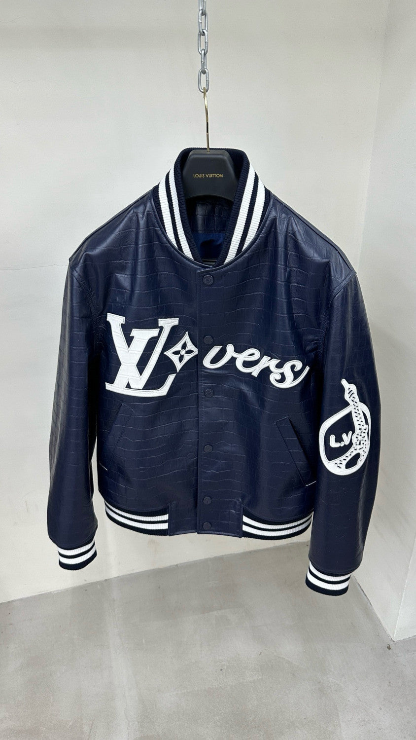 Louis Vuitton Men's Fall And Winter Navy Blue Lambskin Embossed Crocodile Leather Pattern Zipper Baseball Jacket #98618