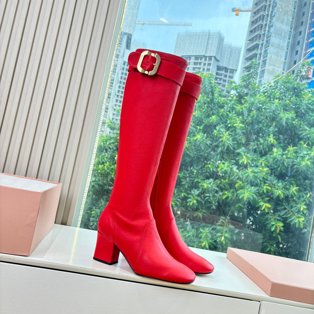 MiuMiu Women's Spring/Fall Fashion Classic Round Toe Cuffed Chunky Heel Solid Color Leather Long Boots Shoes#78718