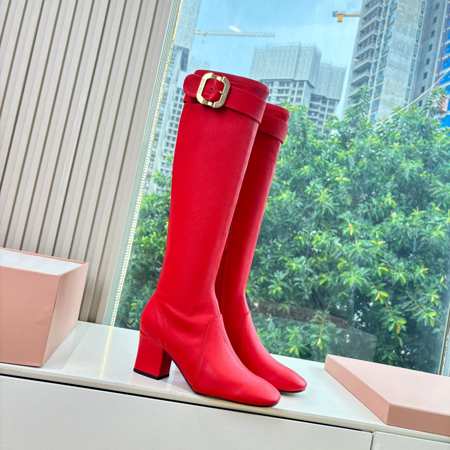 MiuMiu Women's Spring/Fall Fashion Classic Round Toe Cuffed Chunky Heel Solid Color Leather Long Boots Shoes#78718