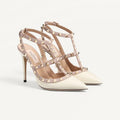 Valentino ROCKSTUD Women's Summer Classic Pointed-Toe Open-Back Stiletto Patent Leather Lace Up Studded Double-Strap High Heels #78999