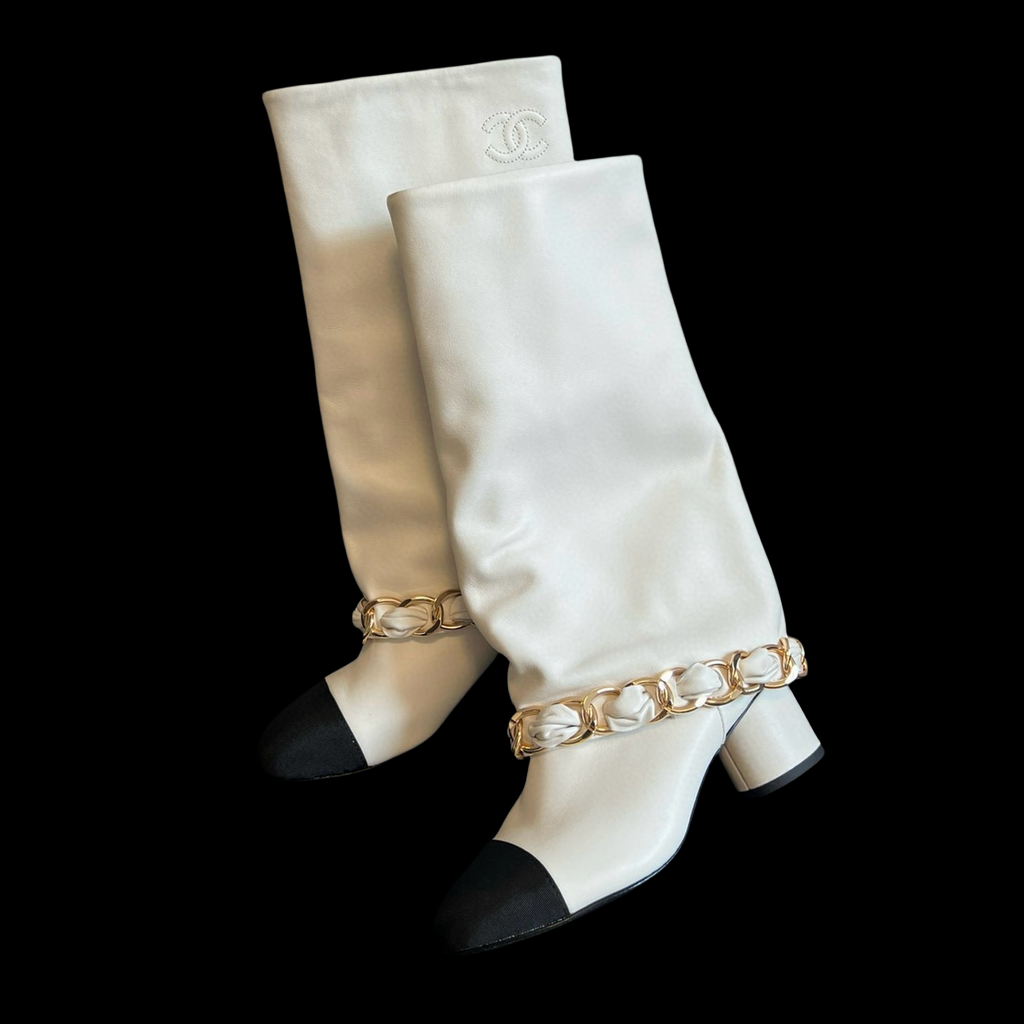 Chanel Women's Solid Color Round Toe Leather High Top Riding Boots Shoes #77819