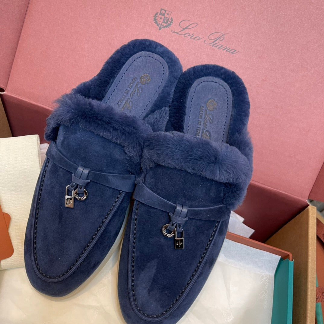 Loro Piana Women's Winter Fashion Casual Round Toe Slip On Beaver Fur Slippers Leather Rubber Sole Covered Toe Slippers  Shoes #78588