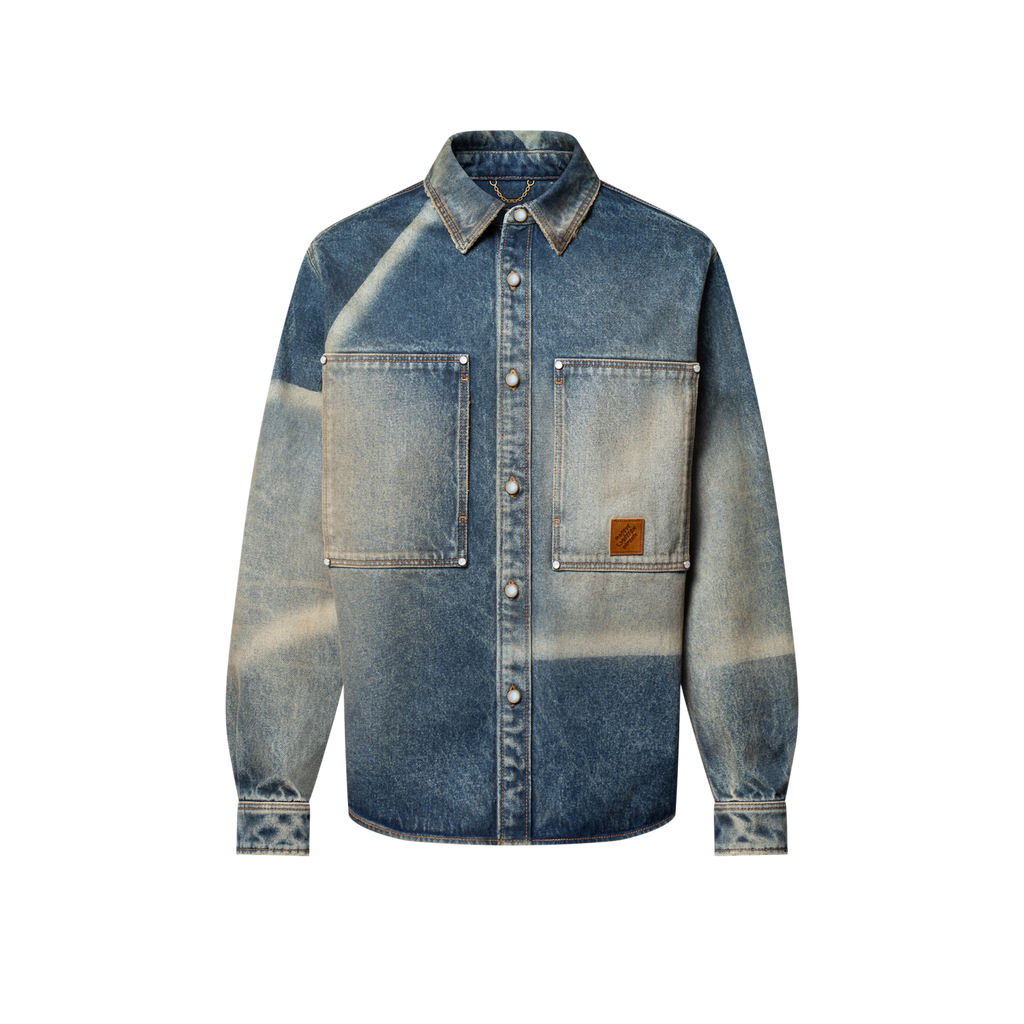Louis Vuitton Sun Fading Effect Denim Long Sleeve Shirt Skateboarding Jeans Pants Men'S Spring And Summer Fashion High Street Trend Casual Suit Set #75985