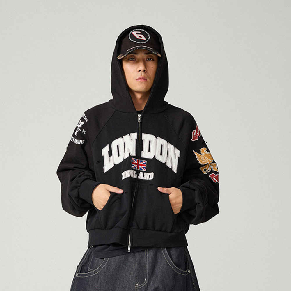 GRAILZ Men's Women's Zipper Doing Old Letter Print Double Pockets Solid Color Spring and Autumn Hooded Sweatshirt Ngvp #1913