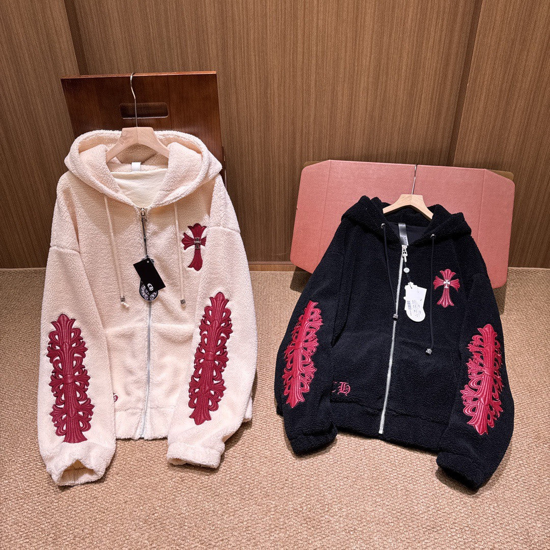 Chrome Women's and Men's Fall/Winter Hearts Polar Fleece Red Leather Cross Coat Embroidered Flowers  #332923