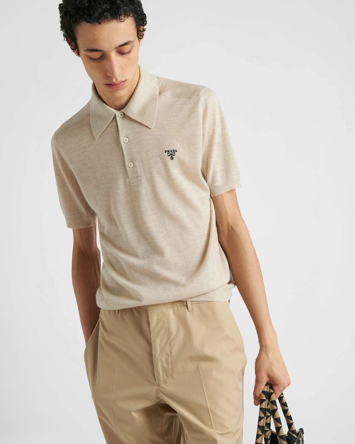 Prada Men's Summer Solid Color Embroidered Logo Wool Knit Polo Shirt Short Sleeve T-Shirt #98532