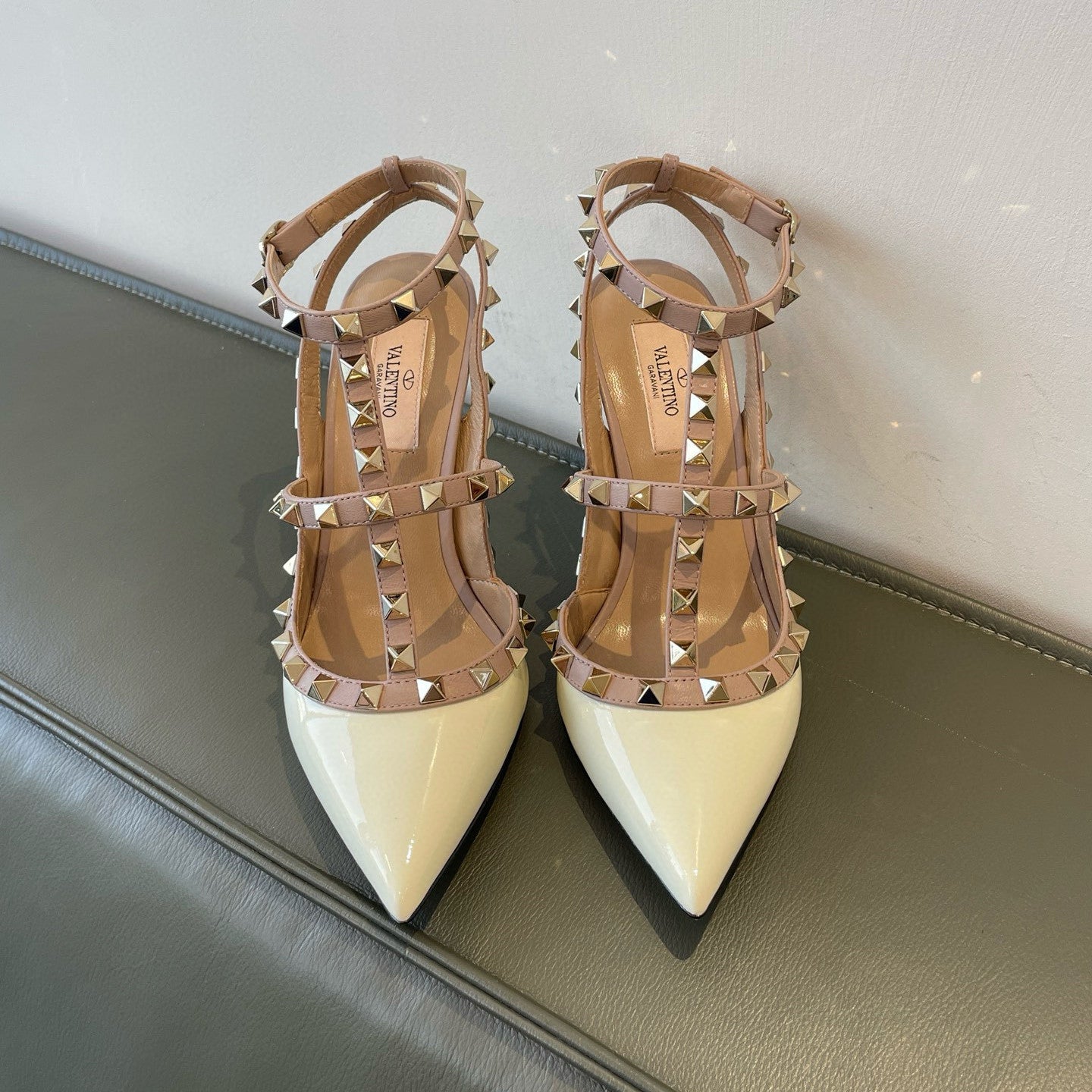 Valentino ROCKSTUD Women's Summer Classic Pointed-Toe Open-Back Stiletto Patent Leather Lace Up Studded Double-Strap High Heels #78999