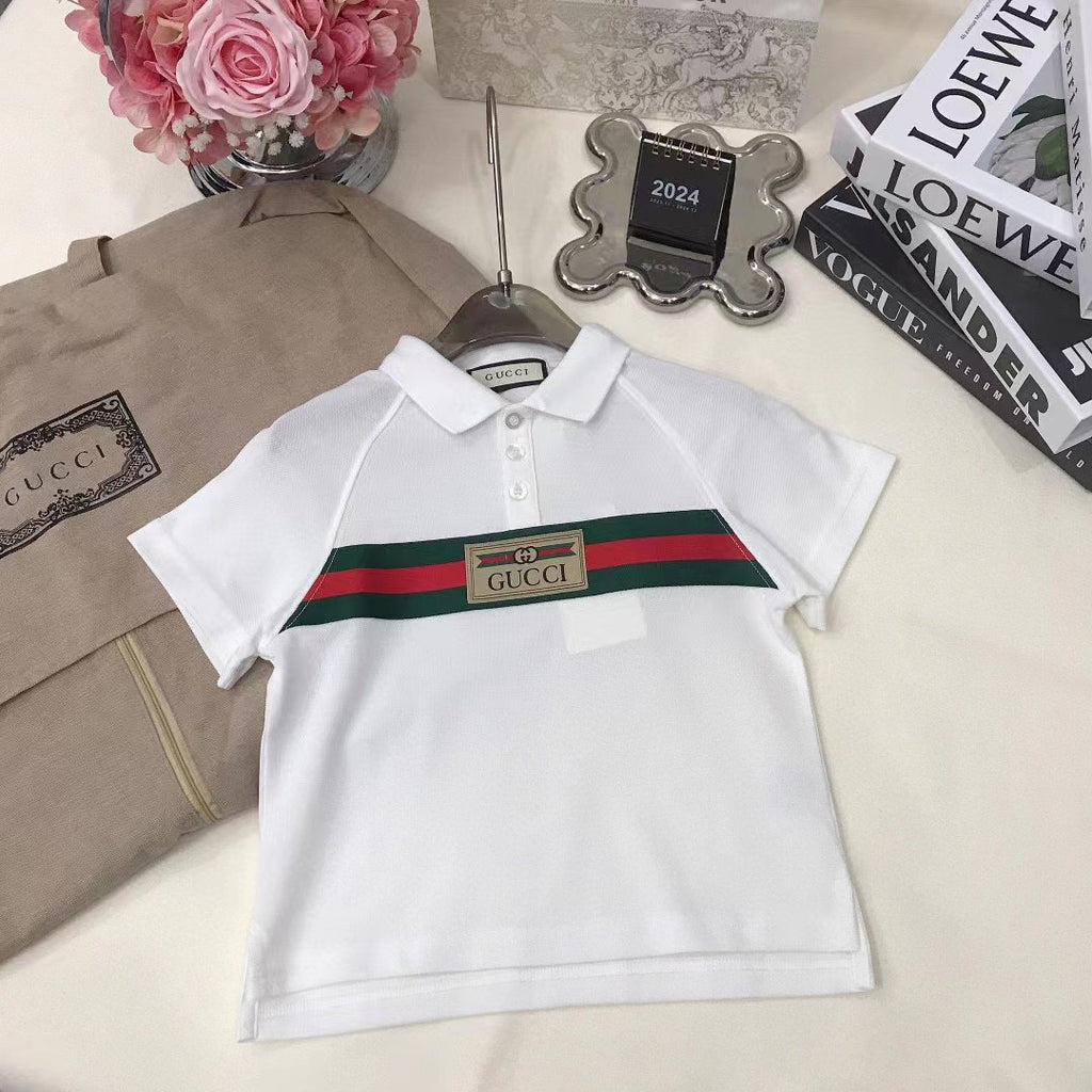 Gucci Kid's Summer Solid Color Striped Cotton Webbing Straight Short Sleeve Fitted Polo Shirt #31274