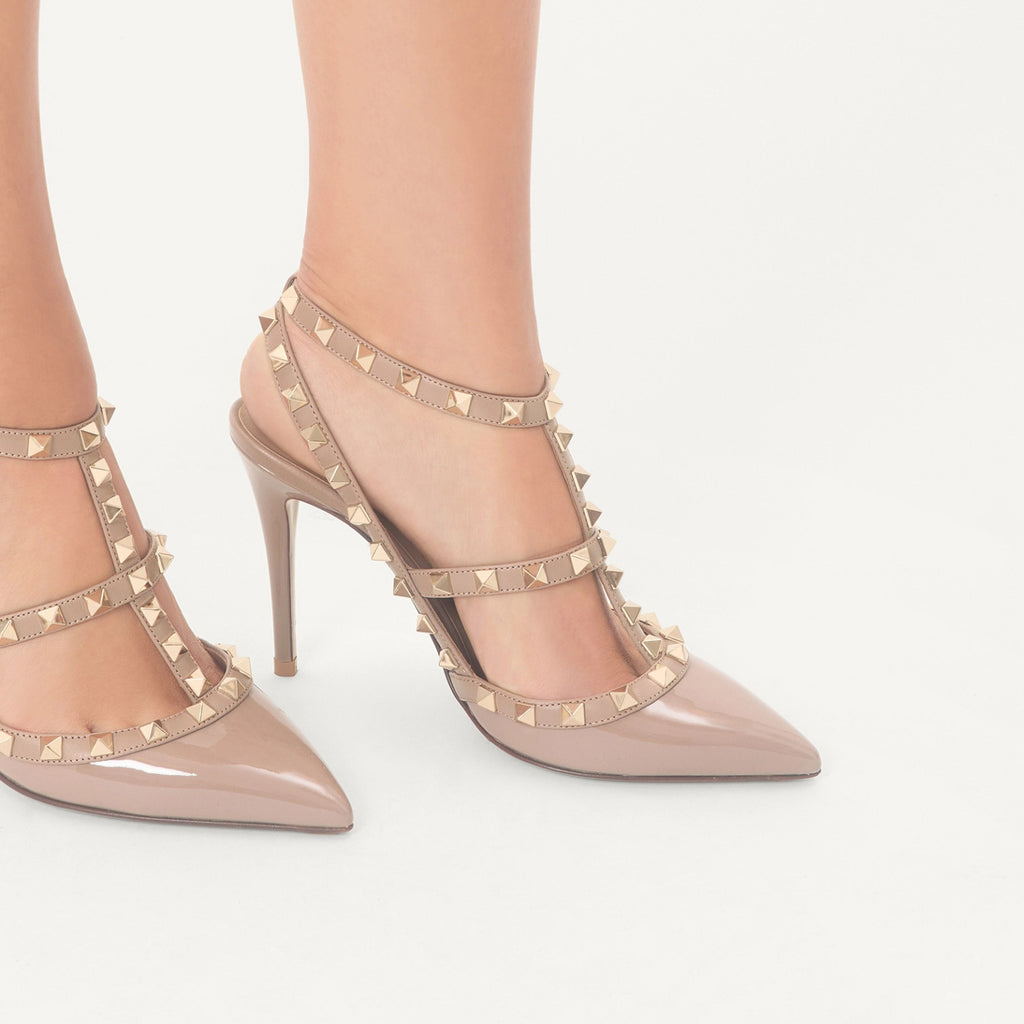 Valentino ROCKSTUD Women's Summer Classic Pointed-Toe Open-Back Stiletto Patent Leather Lace Up Studded Double-Strap High Heels #78999