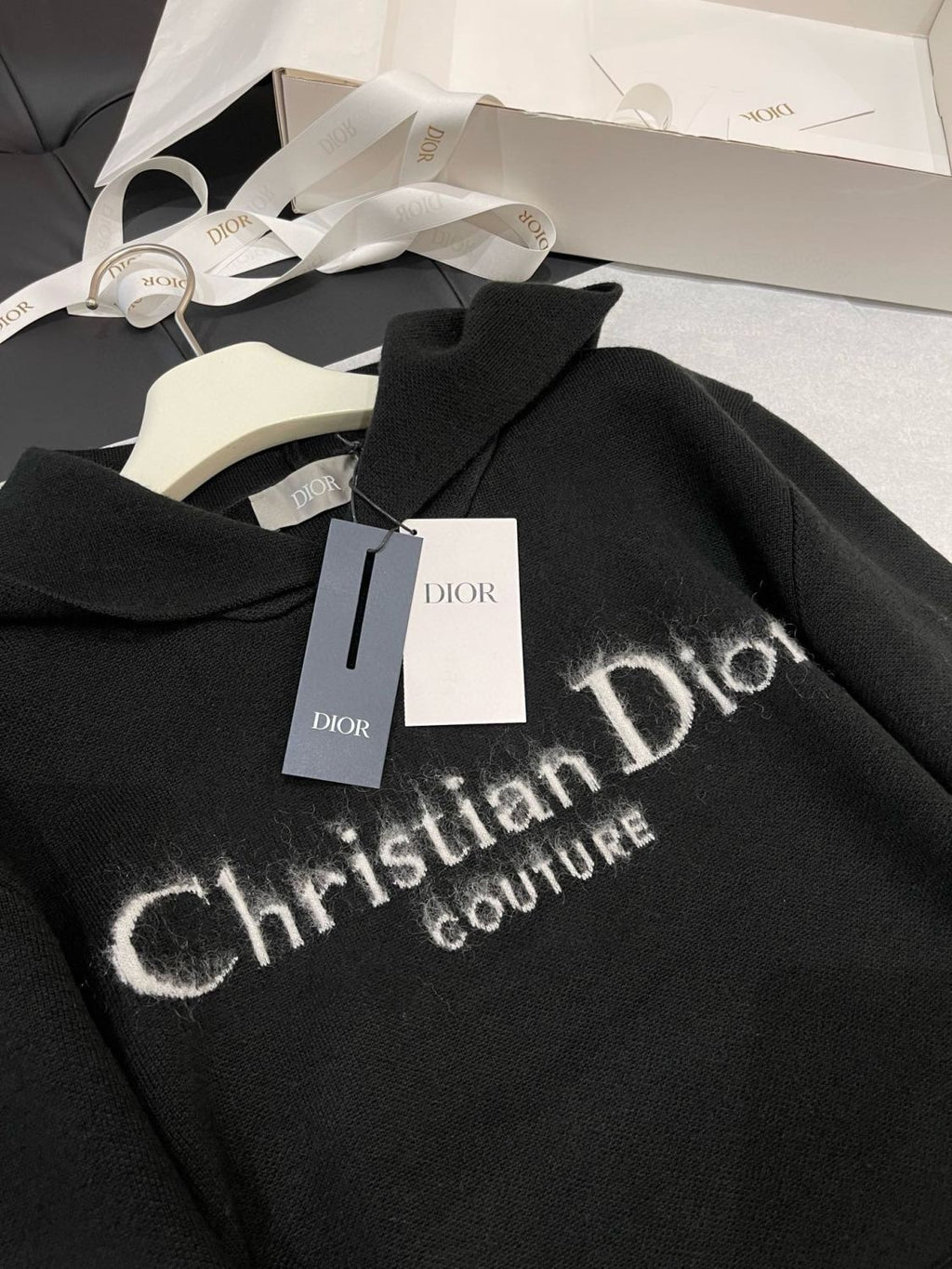 Dior Men's Spring and Autumn Black Logo Letter Print Tassel Design Hooded Long Sleeve Sweatshirt #73654