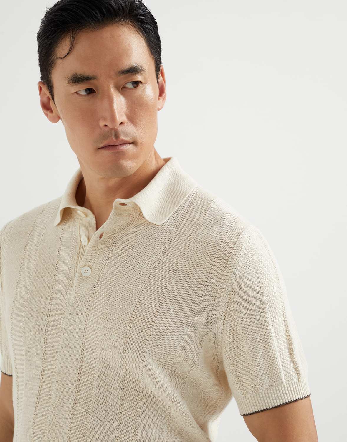 Brunello Cucinelli Men's Summer Solid Color Fitted Short Sleeve Linen And Cotton Wide Rib Knit Polo Shirt Ngvp #1559