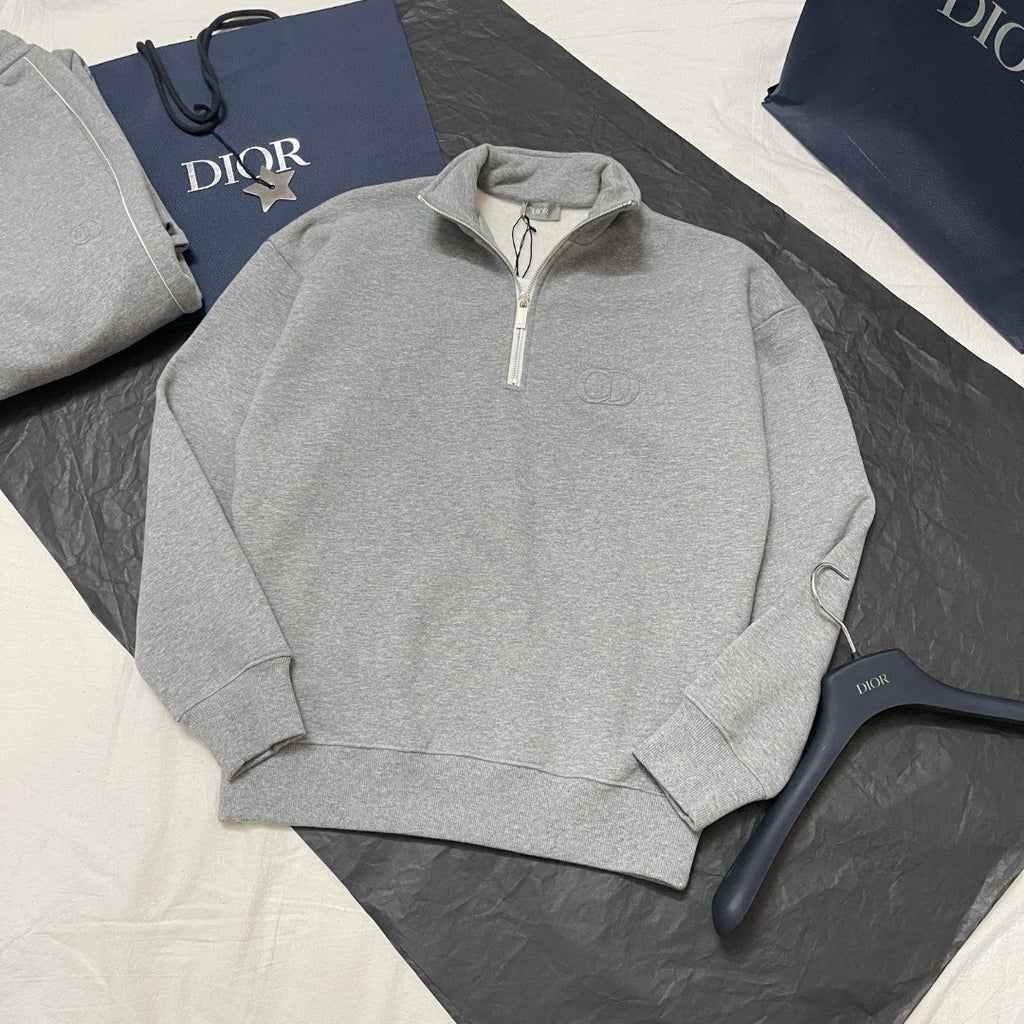 Dior Men's Spring/Autumn Solid Color Cotton Qilong Embroidered Logo Half-Zip Long-Sleeved Sweatshirt and Casual Sports Pants Set Suit #77946