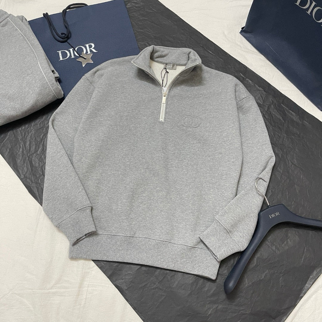 Dior Men's Spring/Autumn Solid Color Cotton Qilong Embroidered Logo Half-Zip Long-Sleeved Sweatshirt and Casual Sports Pants Set Suit #77946
