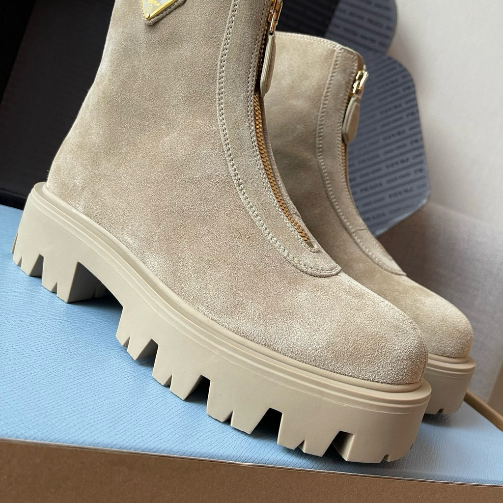 Prada Women's Fall/winter Fashion Classic Round Toe Slip On Suede Chunky Heel 4.5cm Classic Triangle Logo British Style Vintage Short Boots Shoes #79234