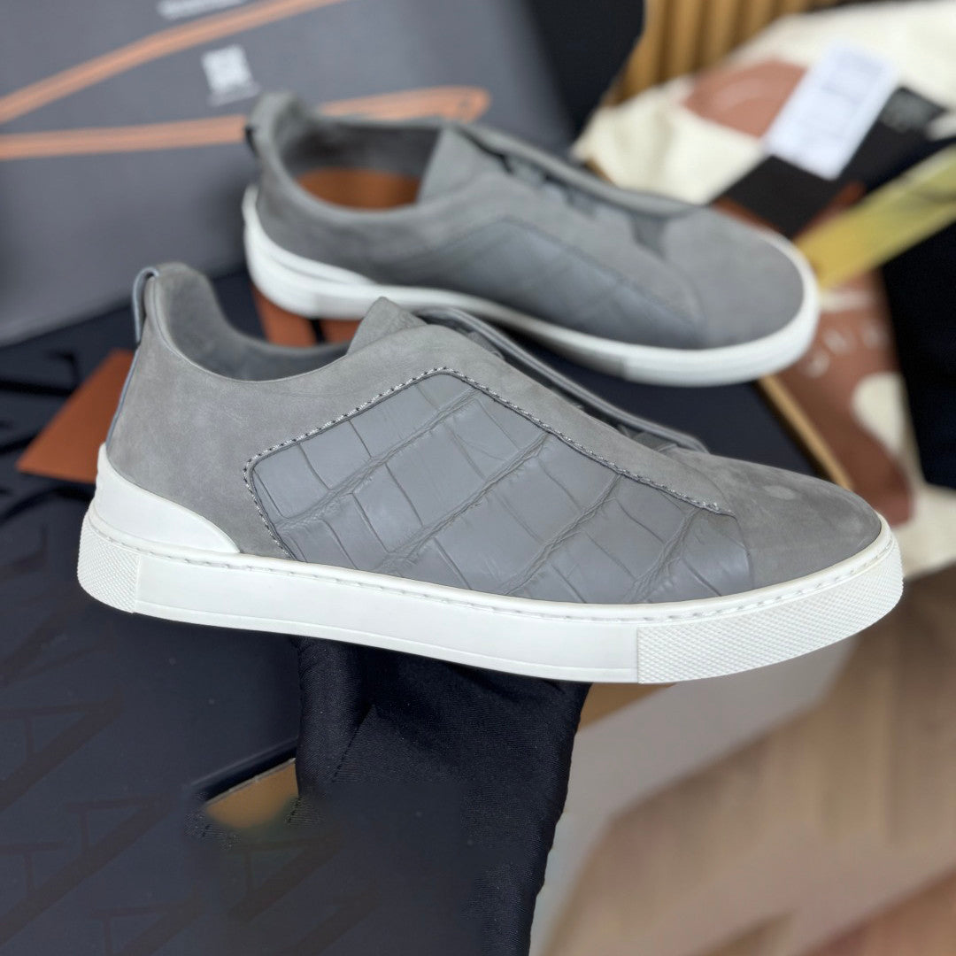 Ermenegildo Zegna Men's Fashion Classic Round Toe Slip On Flat Low Top Crocodile Leather Suede Patchwork Luxury Business Casual Shoes #79375