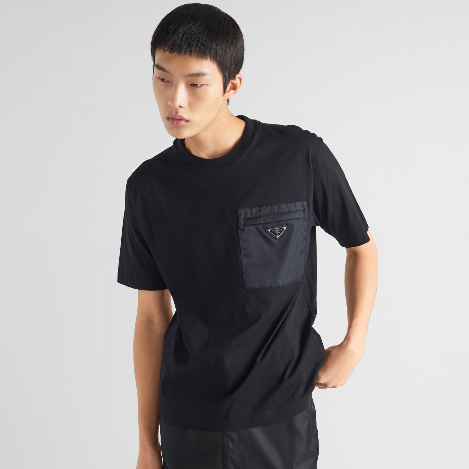 Prada Men's Summer Metal Triangle Label Nylon Pocket Crew Neck Cotton Short Sleeve T-Shirt #98973