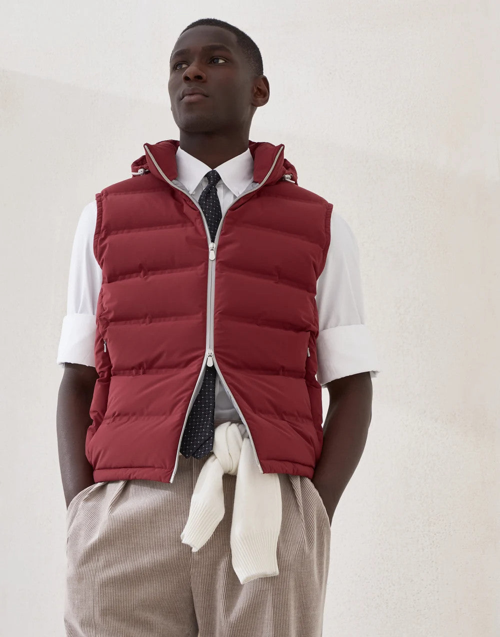 Brunello Cucinelli ﻿Men's Fall/Winter Stand-Up Collar Double-Zip Bonded Taffeta Down Vest with Heat-Sealed Seams And Detachable Hood Ngvp #2717