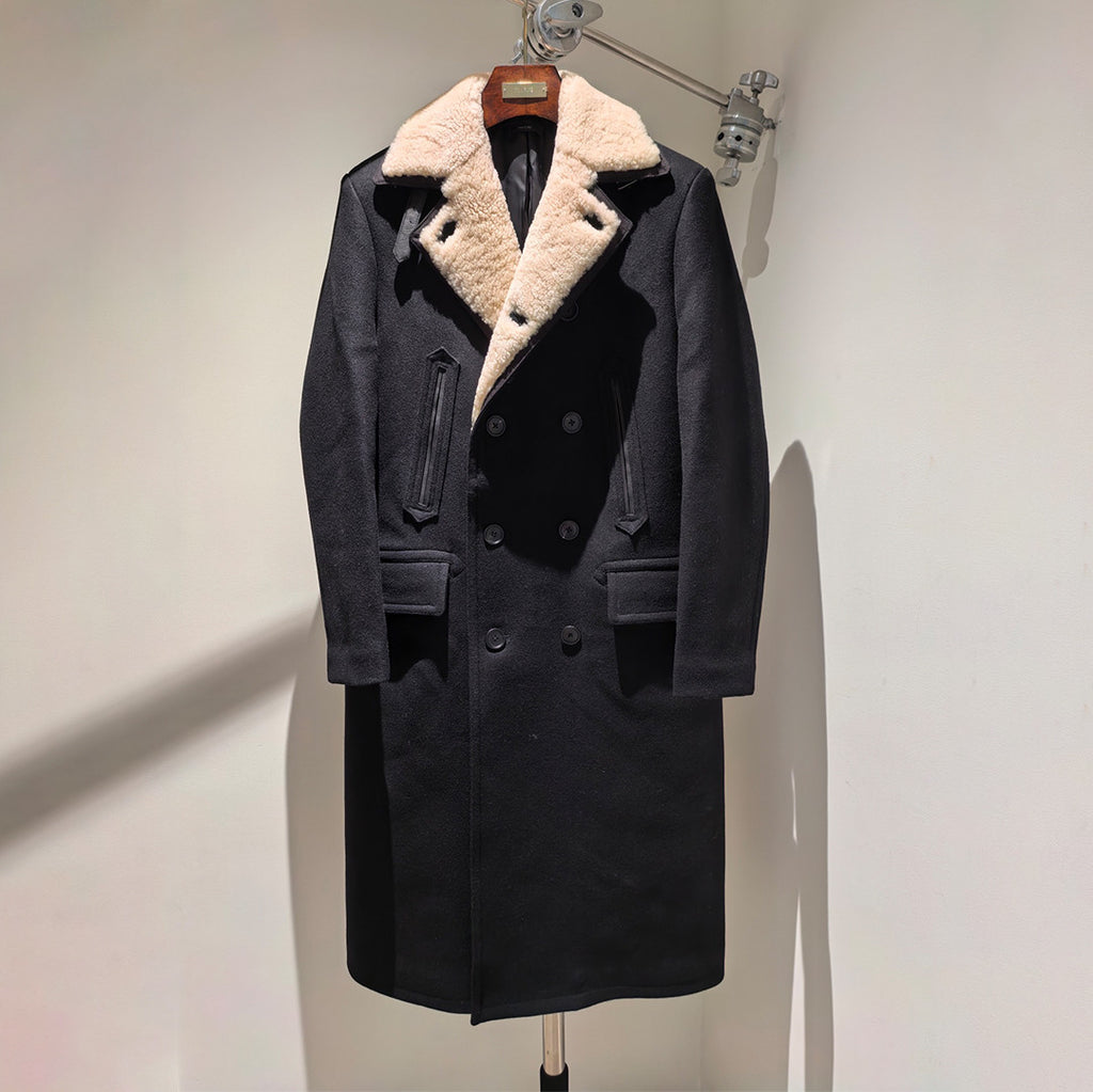 Tom Ford Men's Autumn And Winter Handmade Wool Collar Coat Fashion Trend Double-breasted Long Coat Warm Casual Temperament  #81252