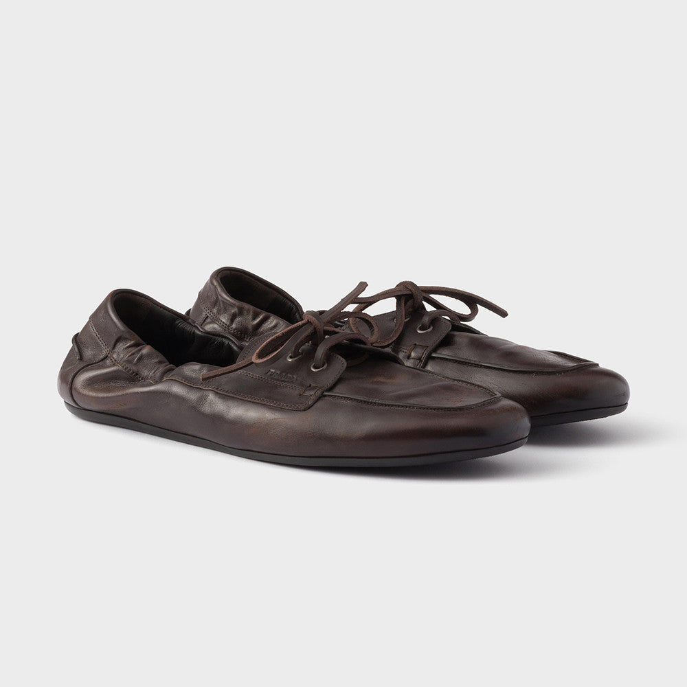 PRADA Shuffle Aged Canvas And Leather Boat Shoes #381722