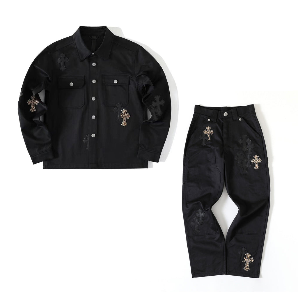 Chrome Hearts Men's Spring/Fall Fashion Casual Collared Single-Breasted Solid-Color Shirt Jacket with Loose-Fit Waist-Tie Workwear Pants Suit Set #78853