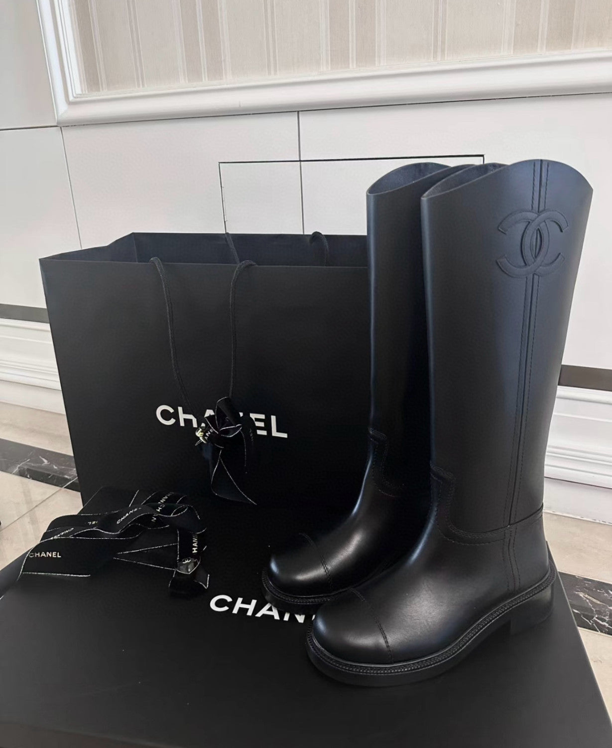 Chanel Women's Autumn/winter Classic Fashion Solid Color Leather Round Toe Long Boots High Boots Shoes #78373