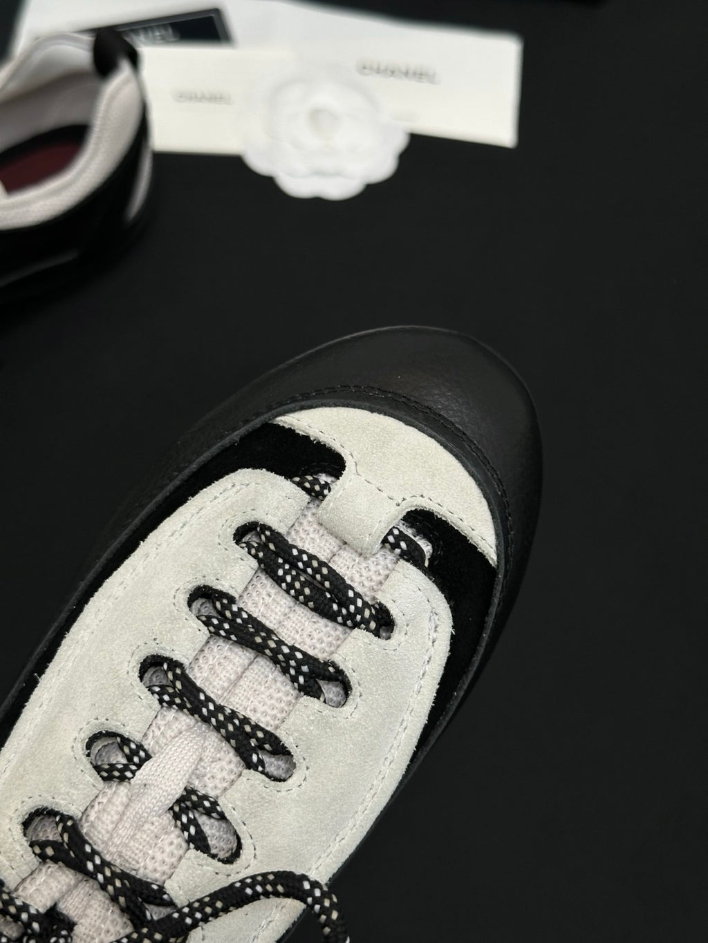 CHANEL Sneakers Velvet Calfskin Mixed Fibers Black White #386505
