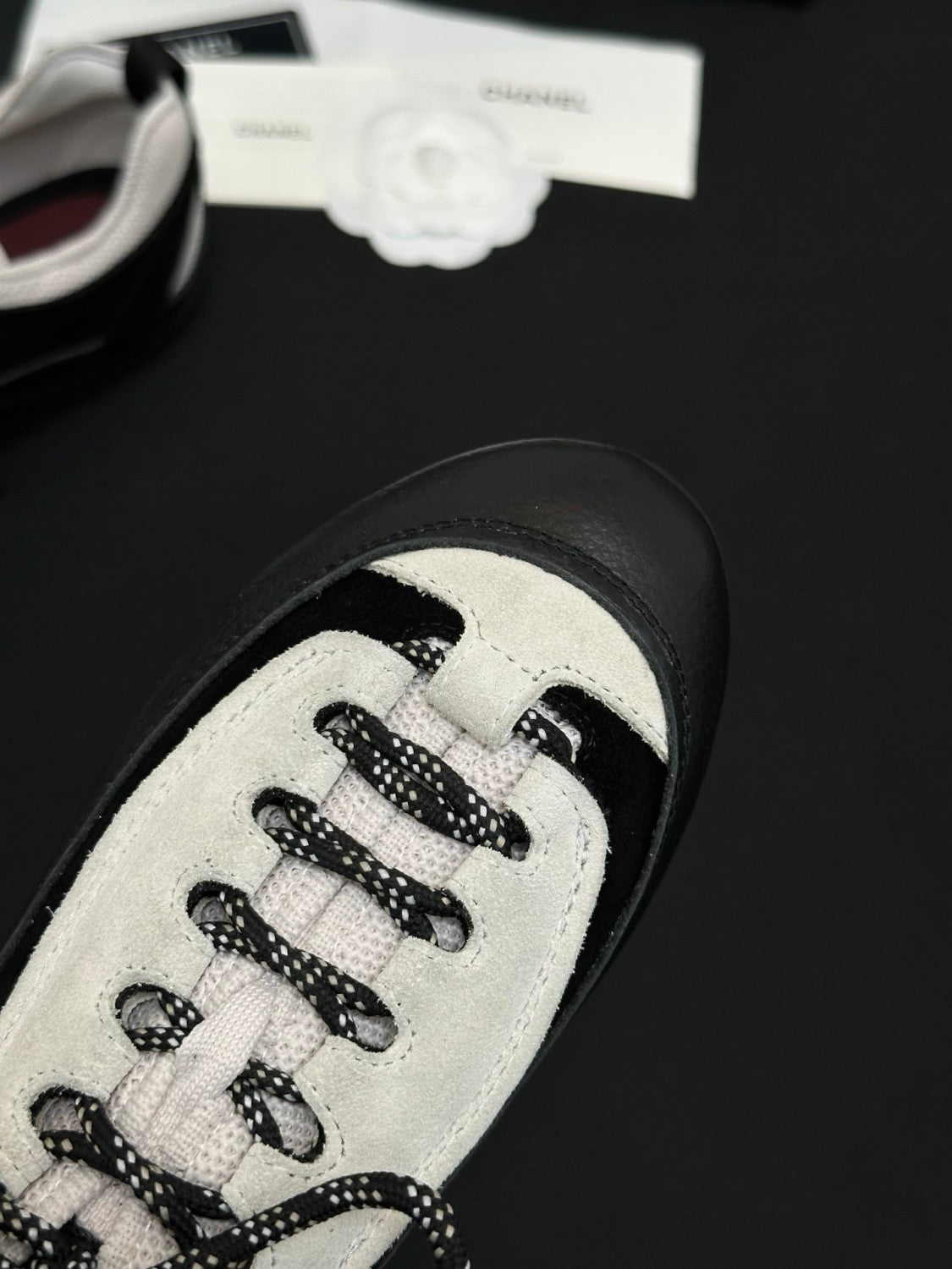 CHANEL Sneakers Velvet Calfskin Mixed Fibers Black White #386505