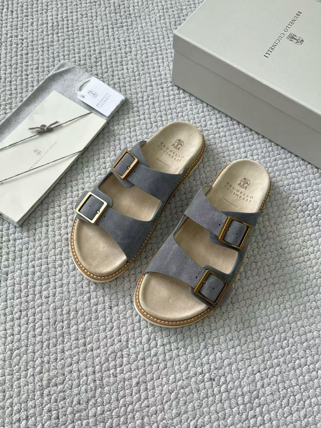 Brunello Cucinelli Suede slides with buckles for Man in Hazelnut