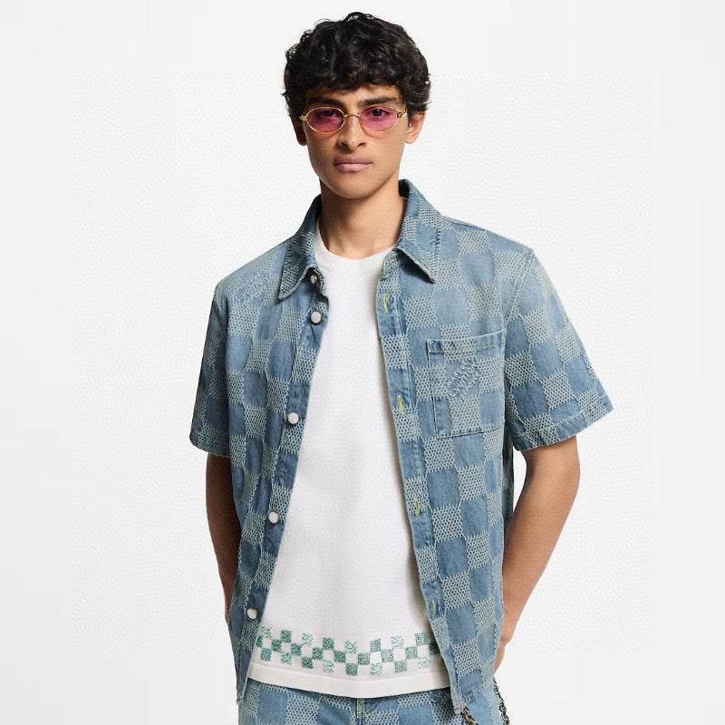 Louis Vuitton Men's Summer Blue Logo Printed Lapel Single Breasted Denim Short Sleeve Shirt Straight Jeans Shorts Set Suit #76984