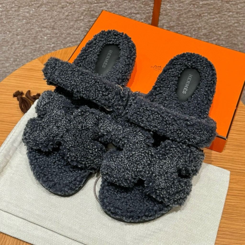 Hermes Chypre Men's And Women's Spring/Fall Fashion Casual Suede Shearling Flip Flop Sandals Shoes #78741
