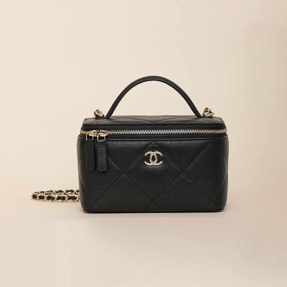 Chanel Long Vanity With Chain Grained Shiny Calfskin Gold Tone Metal Black #332777