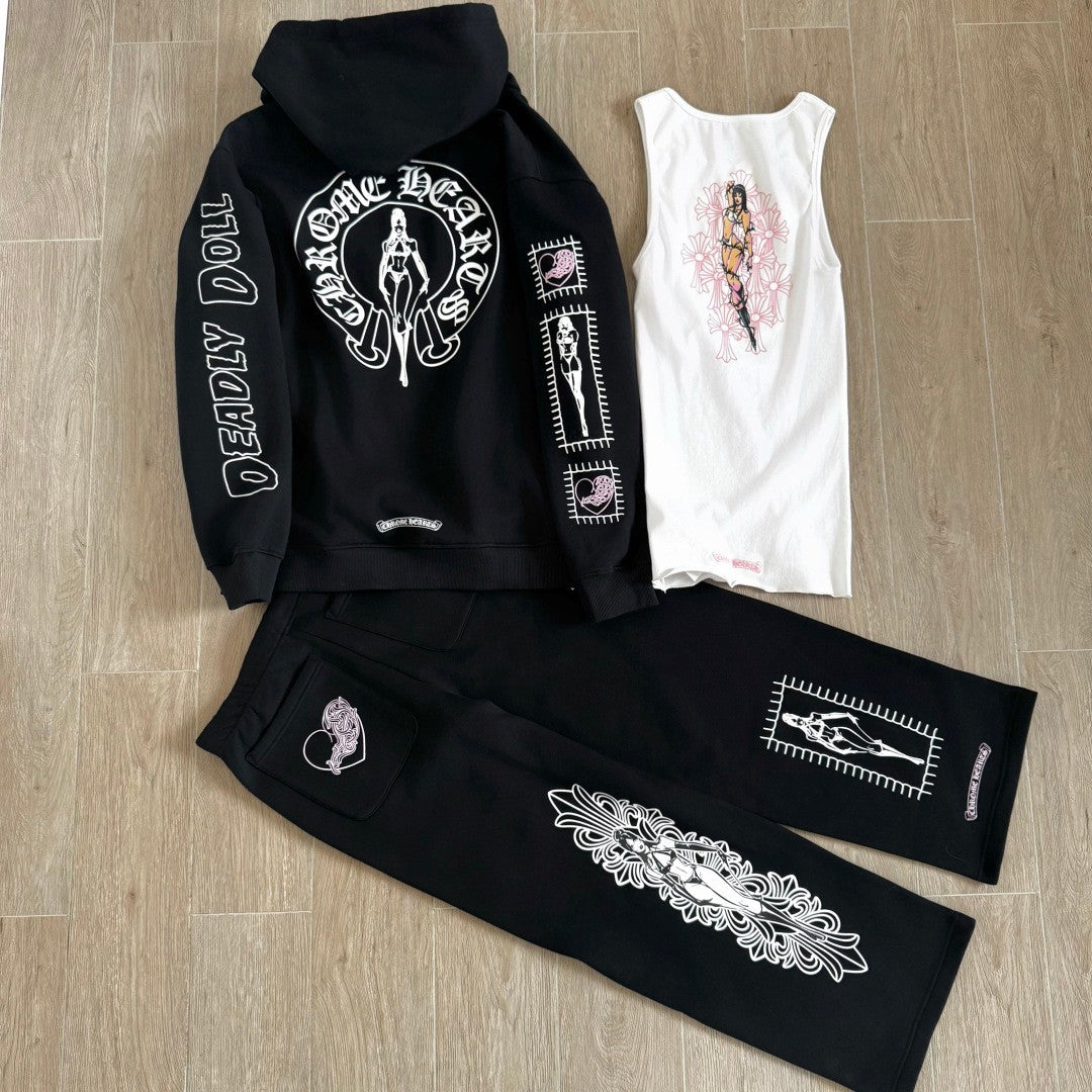 Chrome Hearts X Deadly Doll Cross Beauty Girl Black Sweatshirt Sweatpants #375716