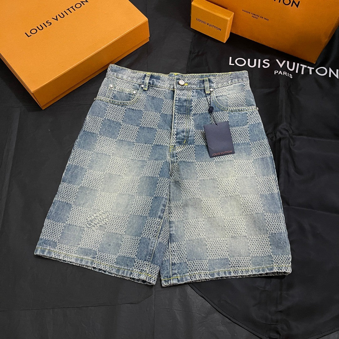 Louis Vuitton Men's Summer Blue Logo Printed Lapel Single Breasted Denim Short Sleeve Shirt Straight Jeans Shorts Set Suit #76984