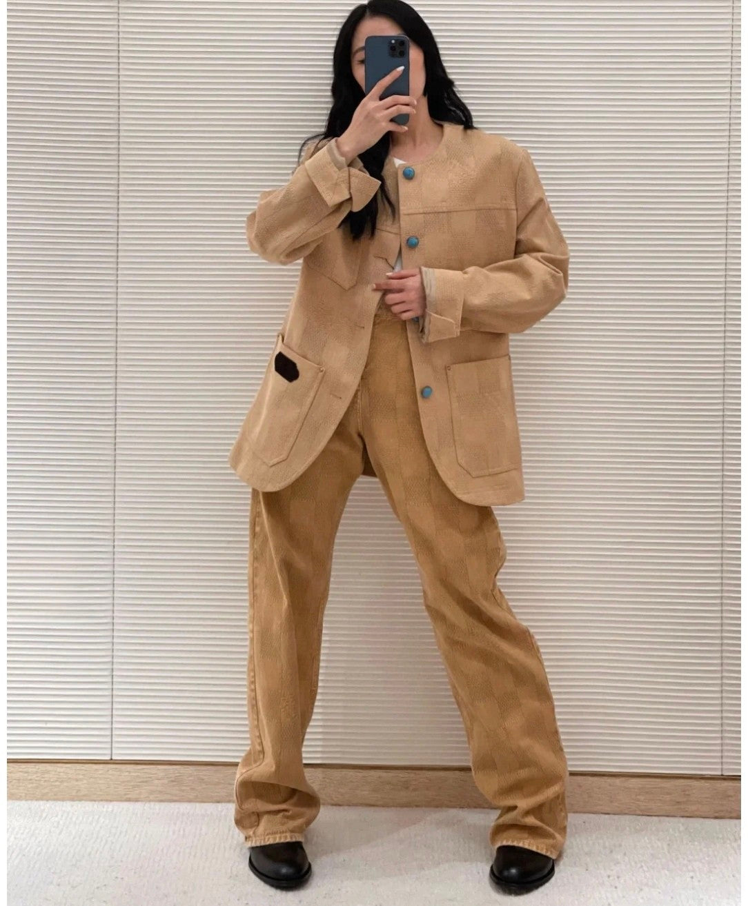 Louis Vuitton Men's Spring And Autumn Damier Collarless Cotton Lettered Jacquard Workwear Jacket Casual Solid Color Work Pants #71922