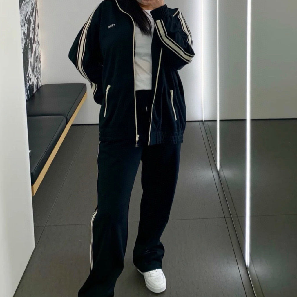 Celine Women's And Men's Spring/summer New Product Logo Sports And Casual Set Striped Letter Black Casual Loose Jacket Long Wide Leg Casual Pants #99577
