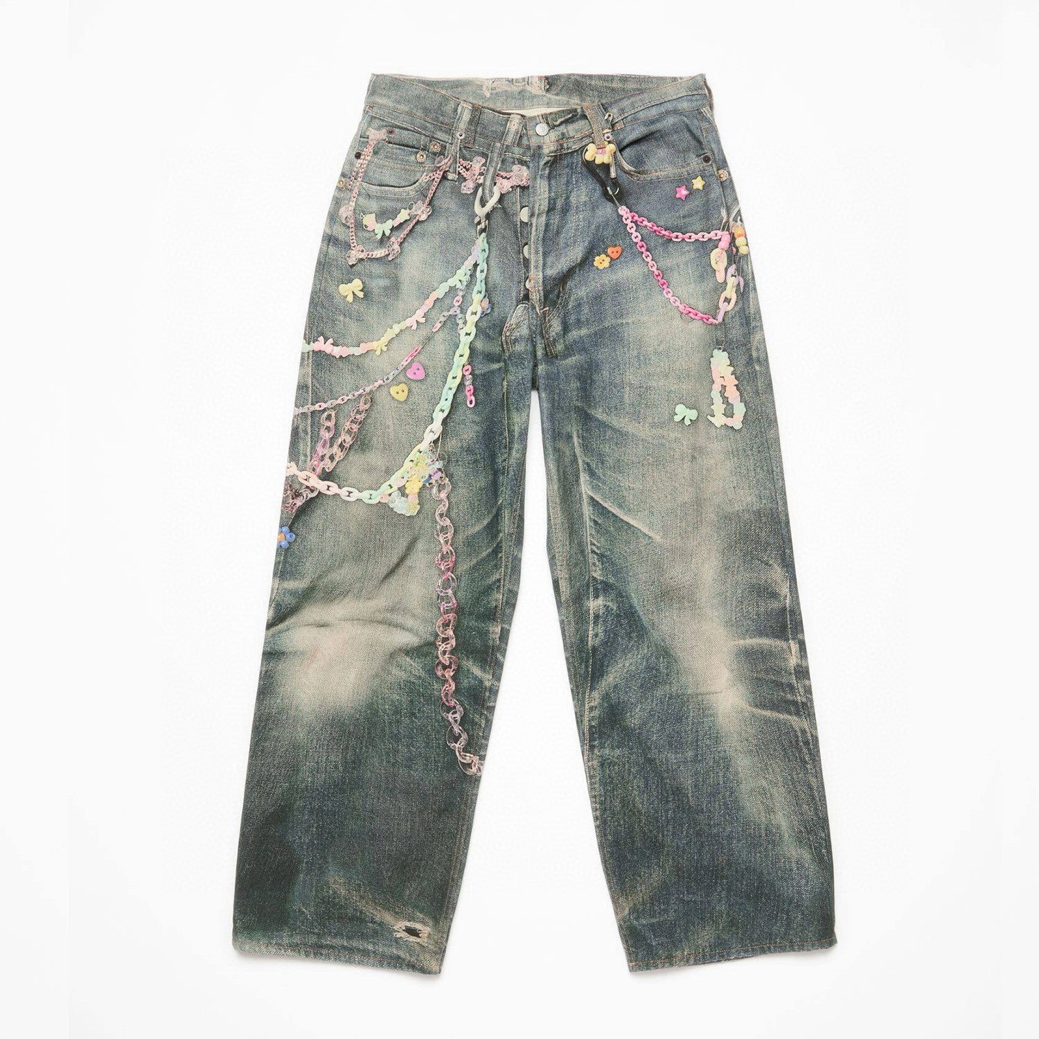 Acne Studios Men's Women's Four Seasons Chain Printed Loose Low Waist Solid Color Baggy Fit  Leg Denim Pants Ngvp #1386