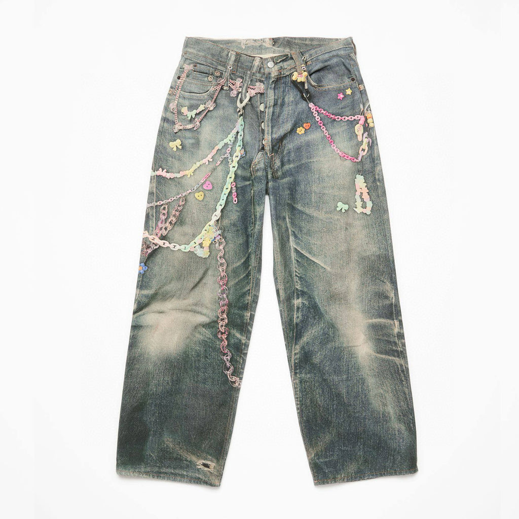 Acne Studios Men's Women's Four Seasons Chain Printed Loose Low Waist Solid Color Baggy Fit  Leg Denim Pants Ngvp #1386