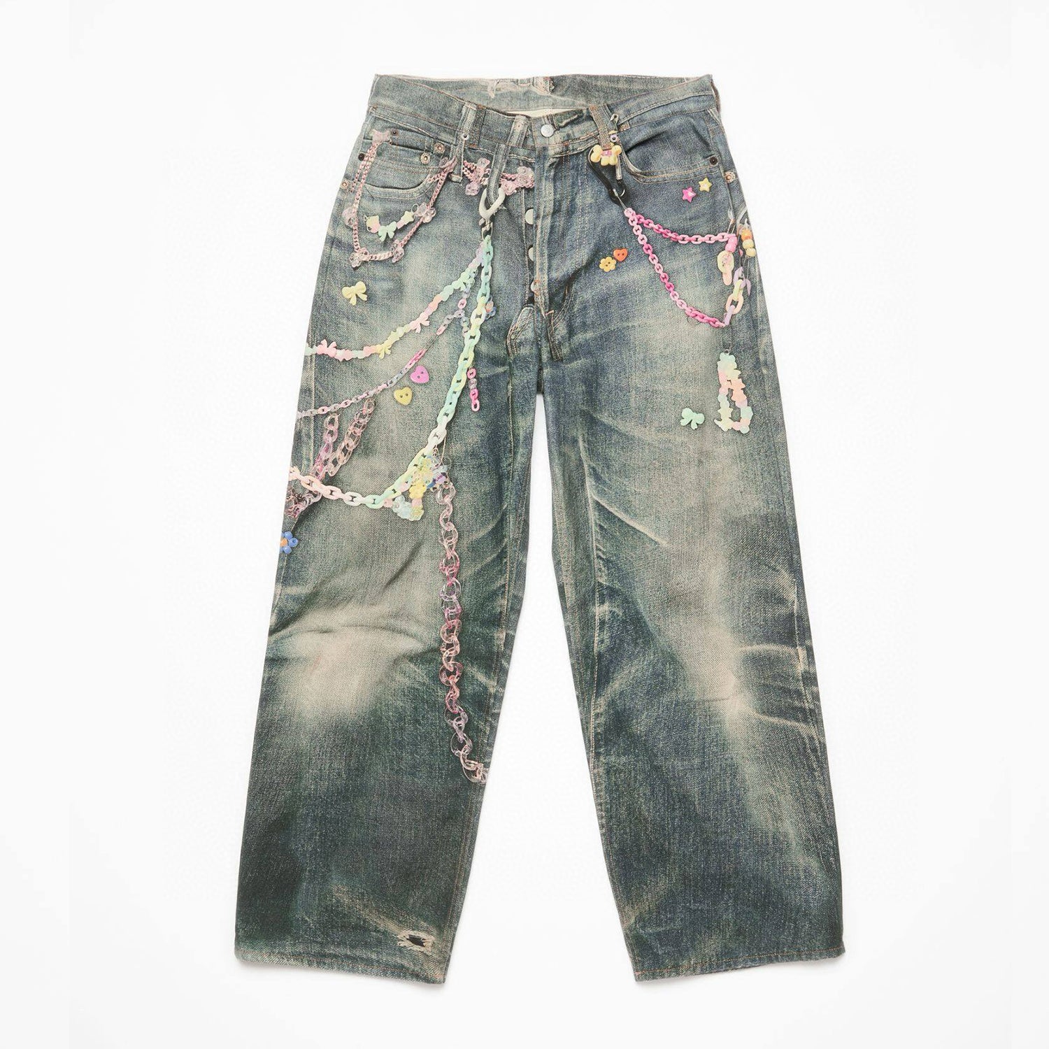 Acne Studios Men's Women's Four Seasons Chain Printed Loose Low Waist Solid Color Baggy Fit  Leg Denim Pants Ngvp #1386