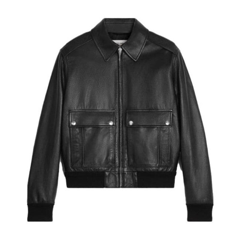 Celine Men's Fall And Winter Black Lambskin Lapel Zipper Long Sleeve Jacket #98456