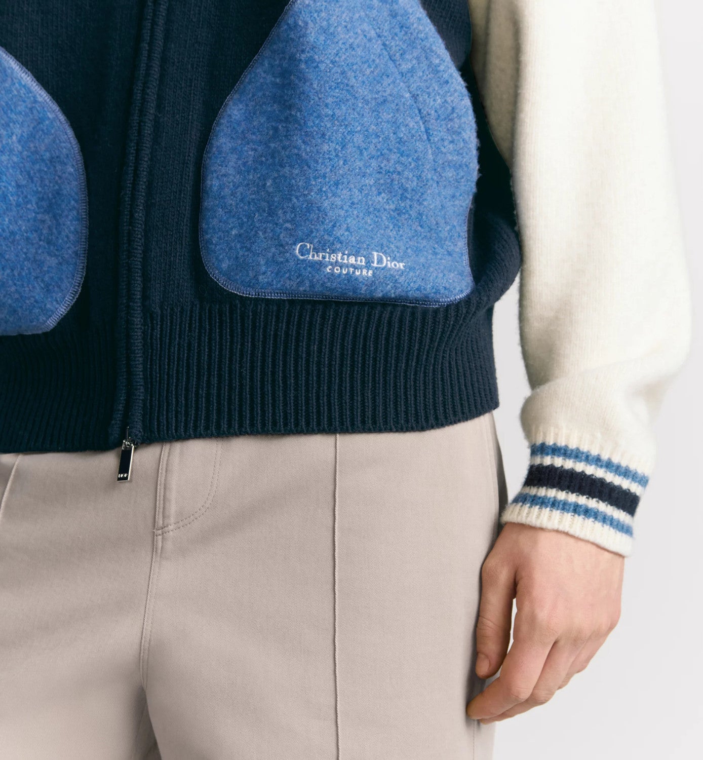 Dior Men's Spring/Fall Vintage College-Style Color-Block Wool Sweater with Floral Embroidery Plain-Knit Long-Sleeve Oversized Cardigan #81595