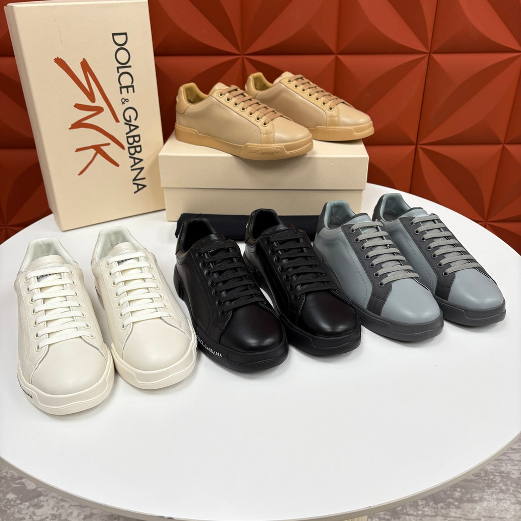 Dolce&Gabbana Men's And Women's Spring/Fall Fashion Casual Round Toe Lace Up Solid Color Leather Printed Rubber Sole Sneakers Shoes #78728