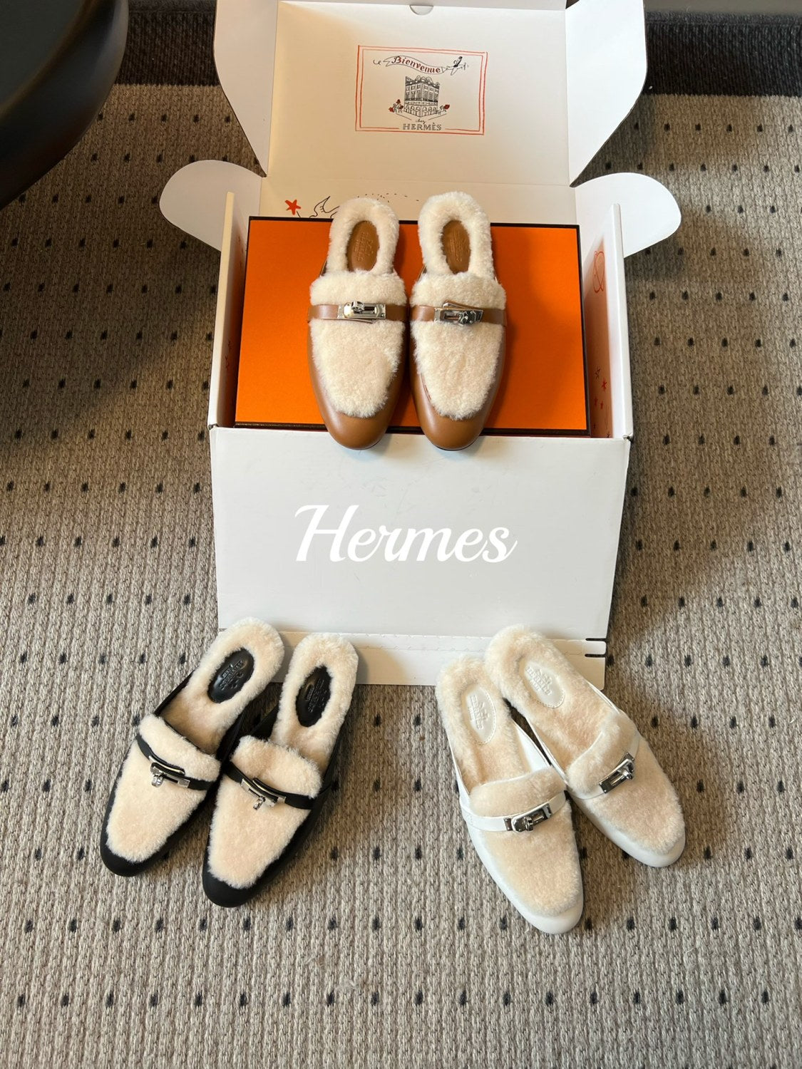 Hermes Women's Winter Head-Covering Half-Support Shoes Casual Solid Color Oz Flat Mule Slippers #81518