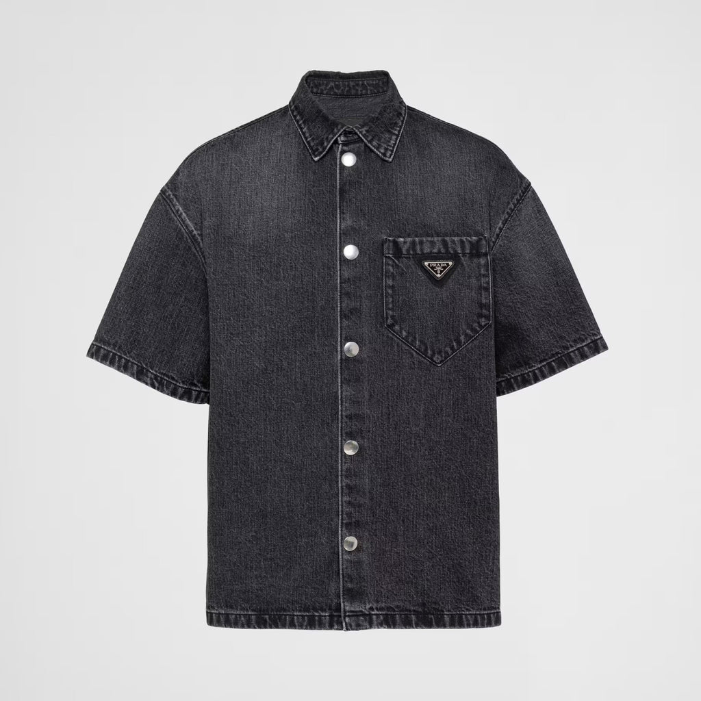 Prada Men's Spring Summer Solid Colour Metal Triangle Logo Single Breasted Short Sleeve Denim Shirt Jacket #76867