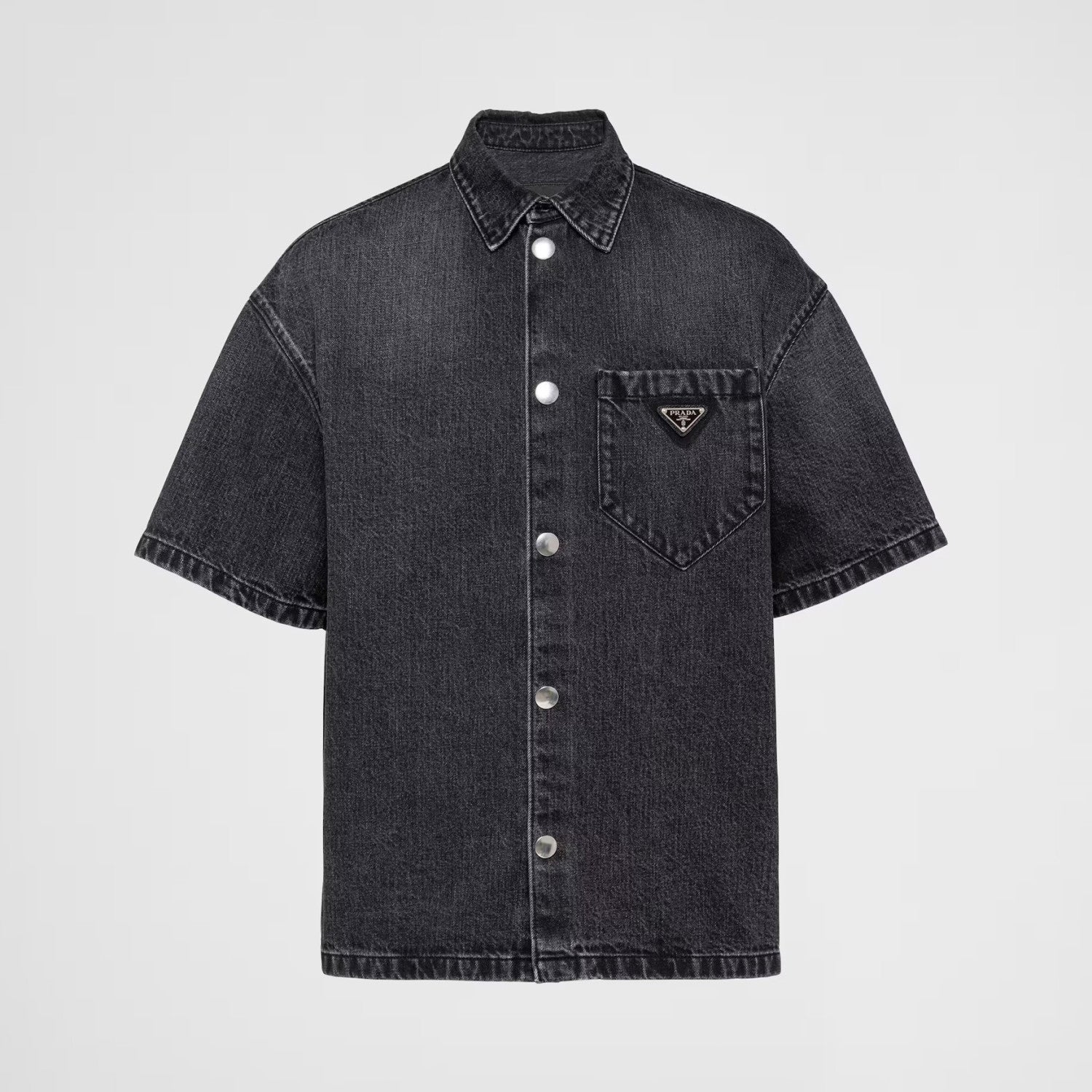 Prada Men's Spring Summer Solid Colour Metal Triangle Logo Single Breasted Short Sleeve Denim Shirt Jacket #76867