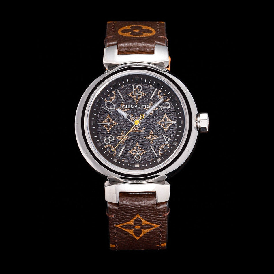 Louis Vuitton Tambour Monogram Watch Quartz Movement Canvas Strap 34mm Tan Dial 100m Water Resistant #98642