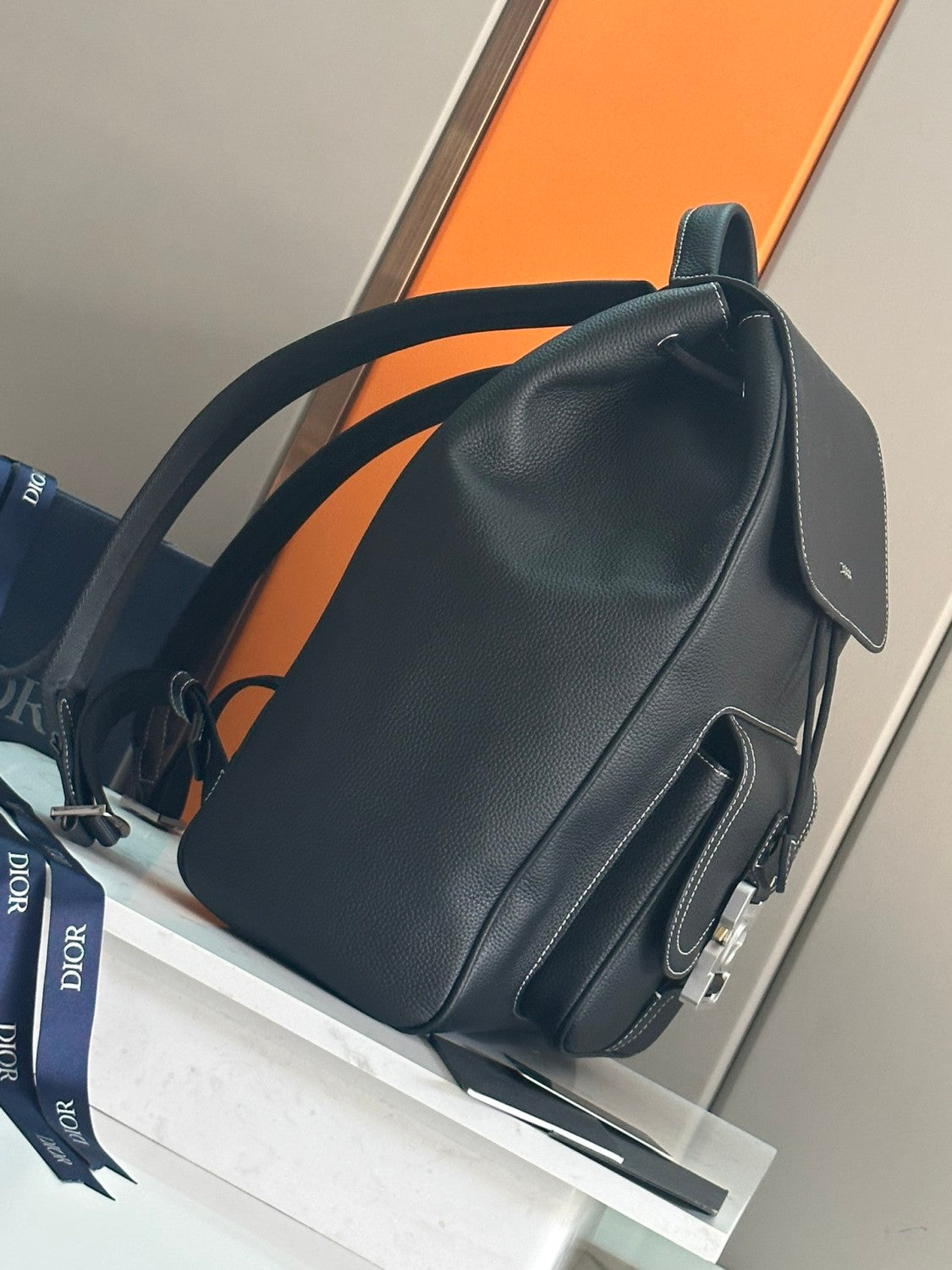 Dior Men's Solid Color Adjustable Shoulder Strap Flap Drawstring Closure Grained Cowhide Shoulder Bag Bags #75297