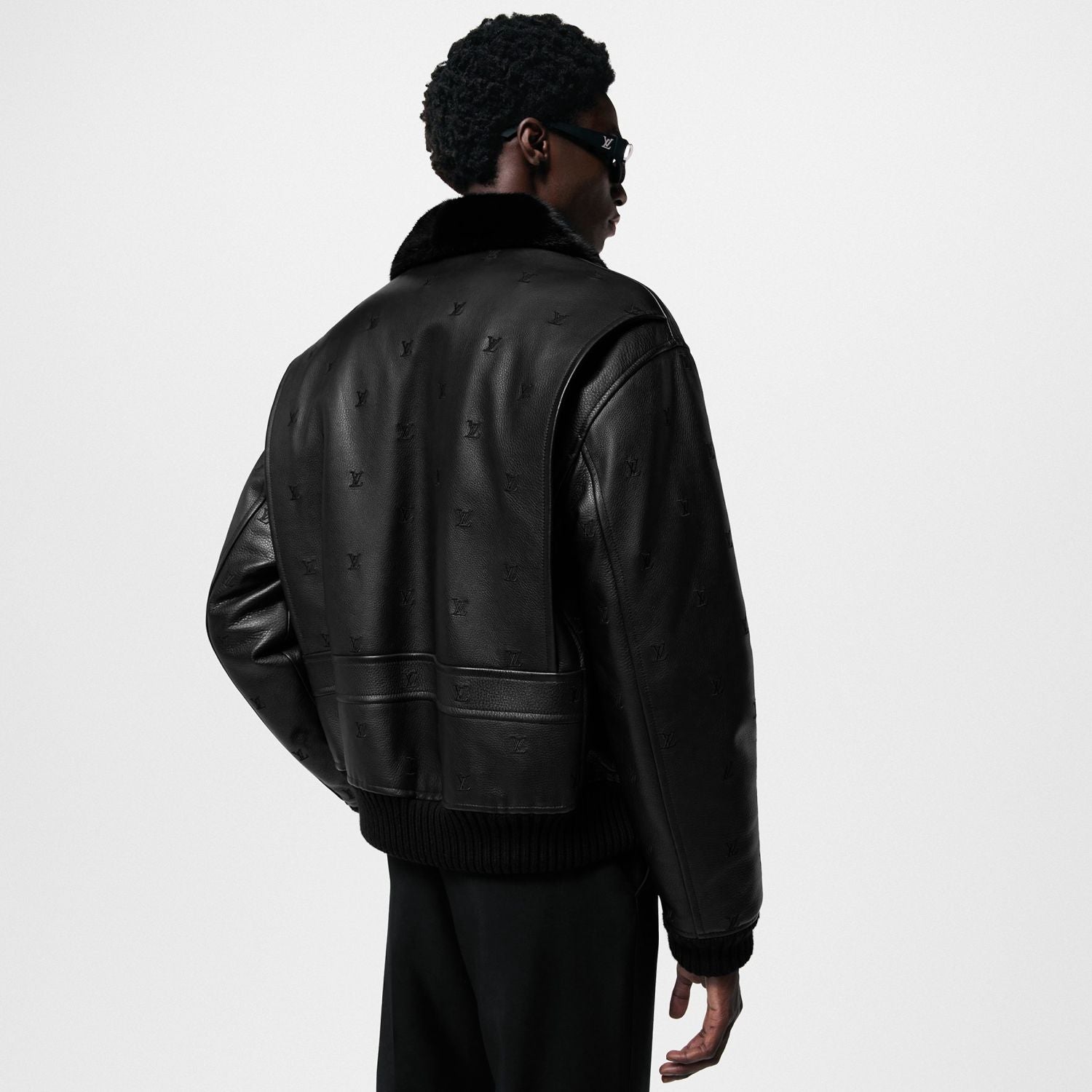 Louis Vuitton Men's Fall/winter Pilot Drawstring Jacket Solid Color Logo Jacquard Hair Collar Colorblocking Leather Jacket #71553