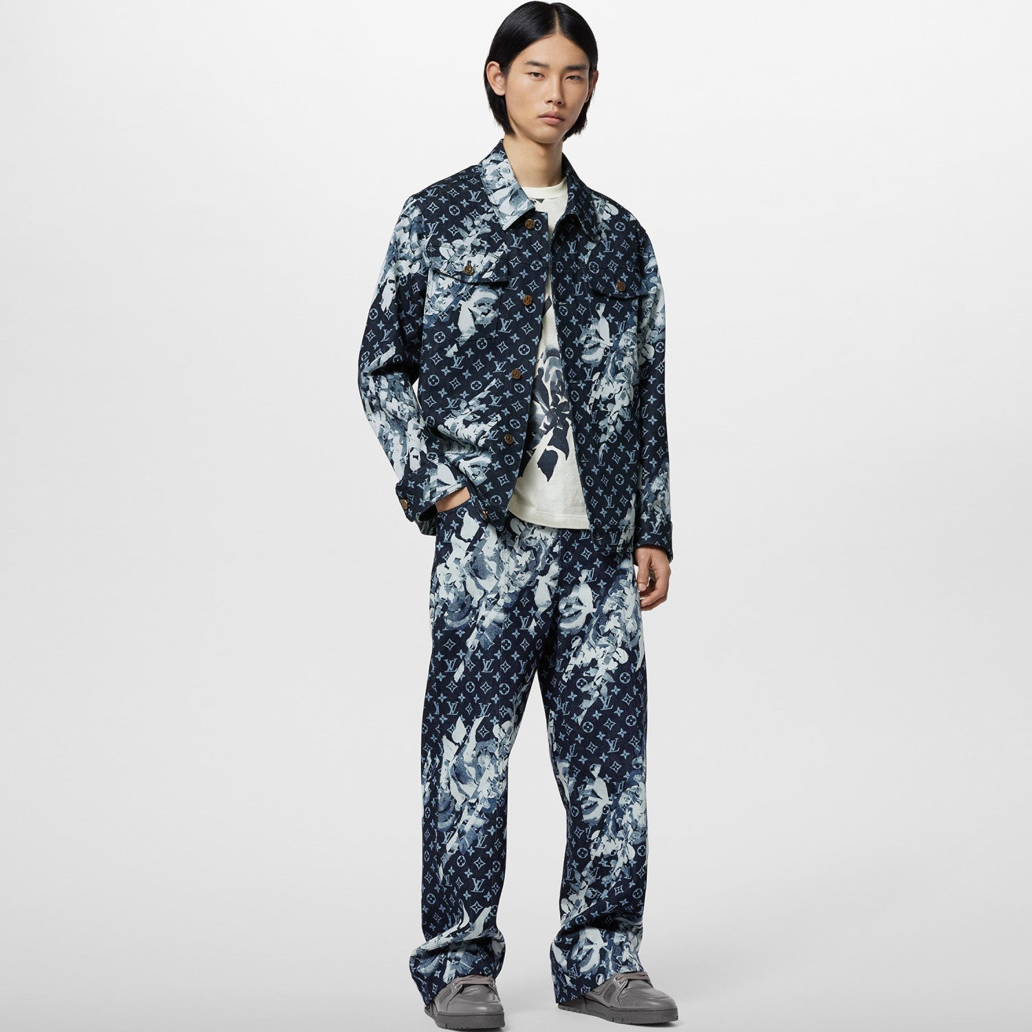 Louis Vuitton Men's Spring Autumn Letter Monogram Printed Denim Jacket Pants Set Suit #97341